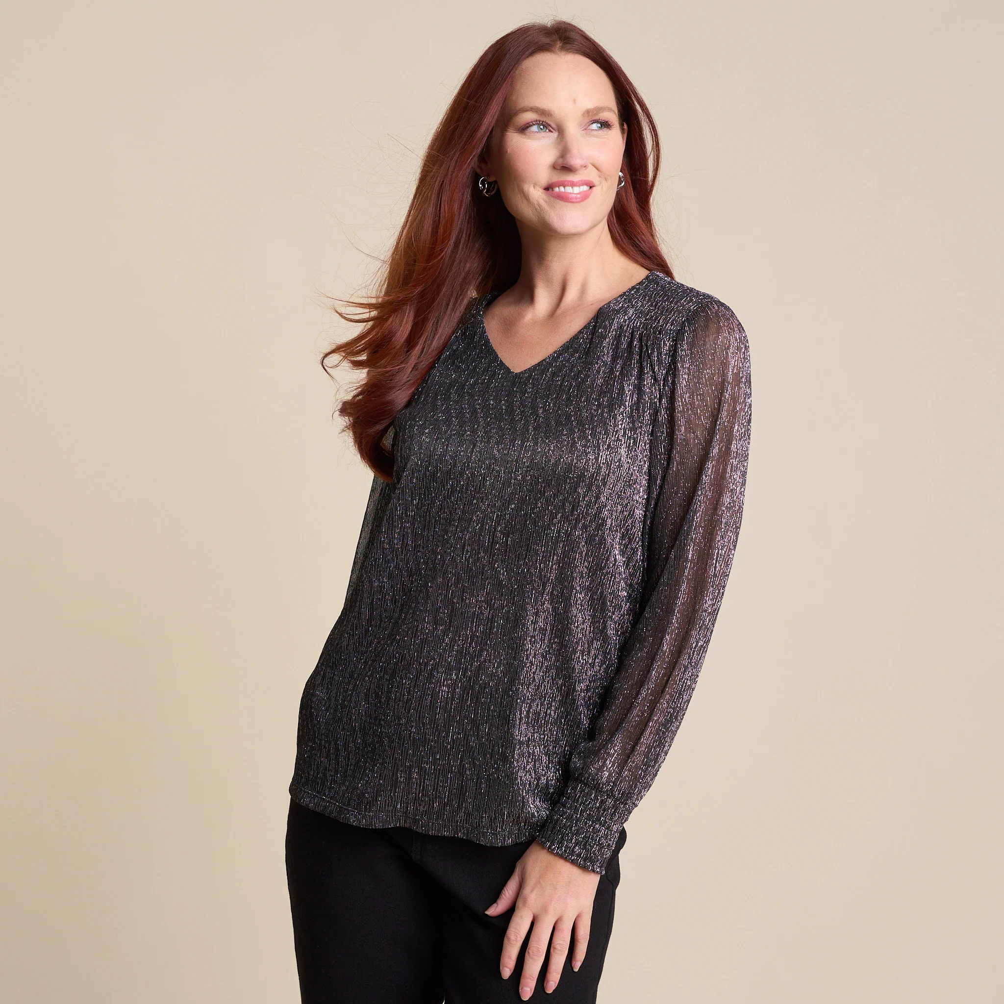 Bodre V Neck Shirred Sleeve Blouse - Image 4