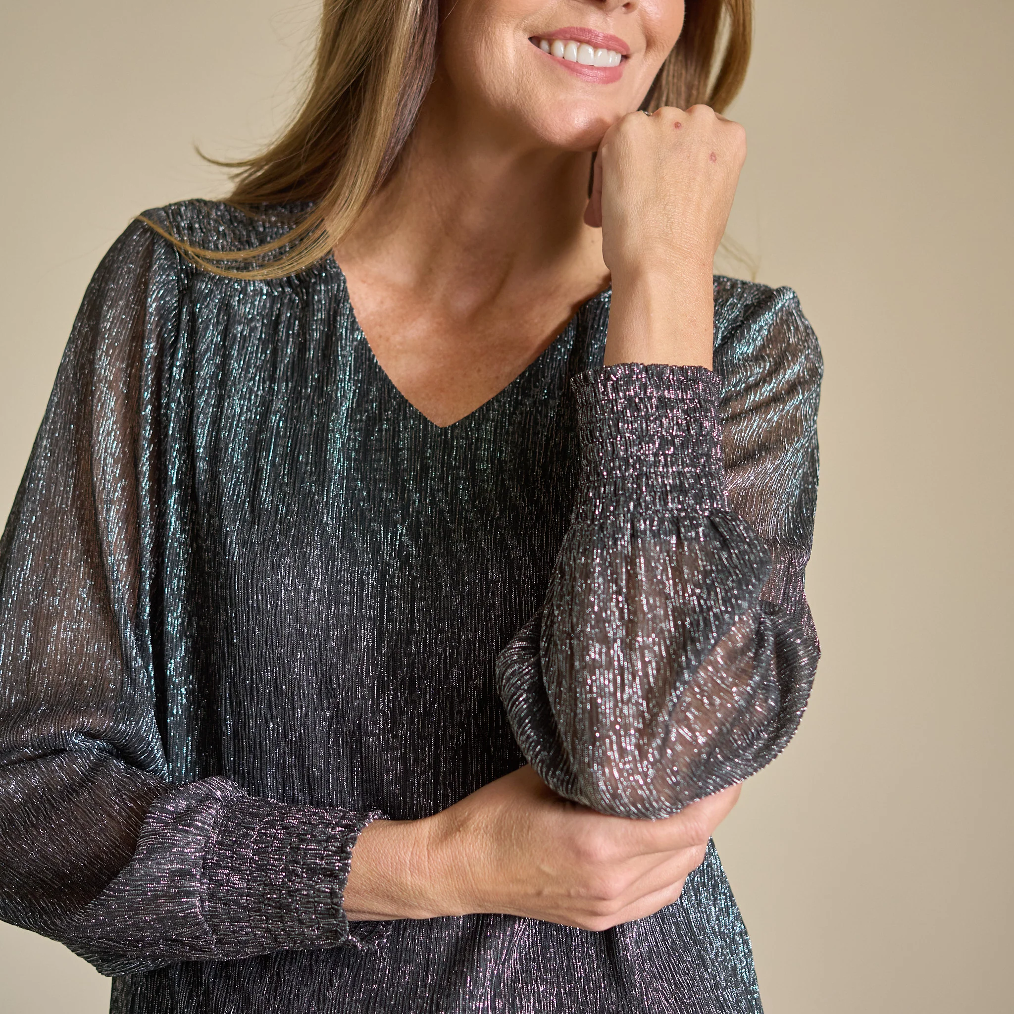 Bodre V Neck Shirred Sleeve Blouse - Image 5