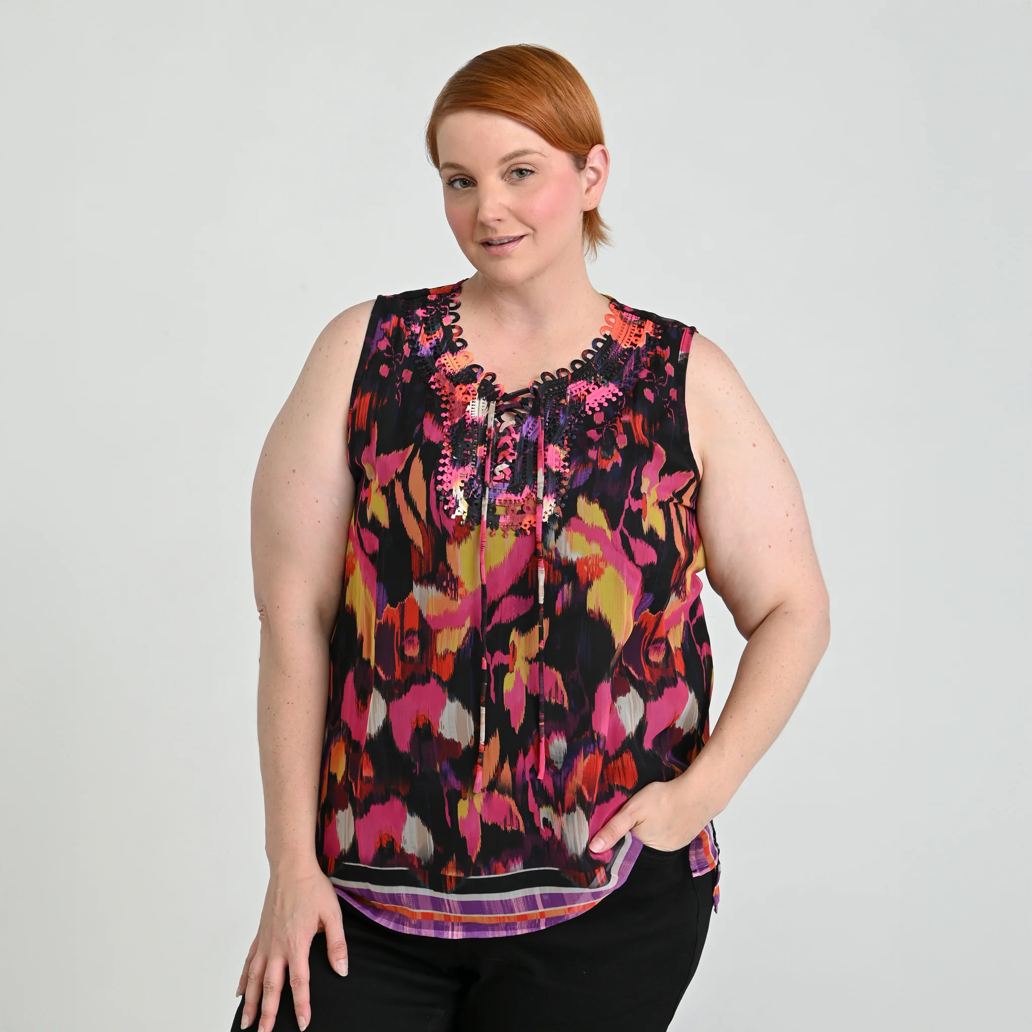 Border Print Crochet Tie Front Sleeveless Top - Image 5