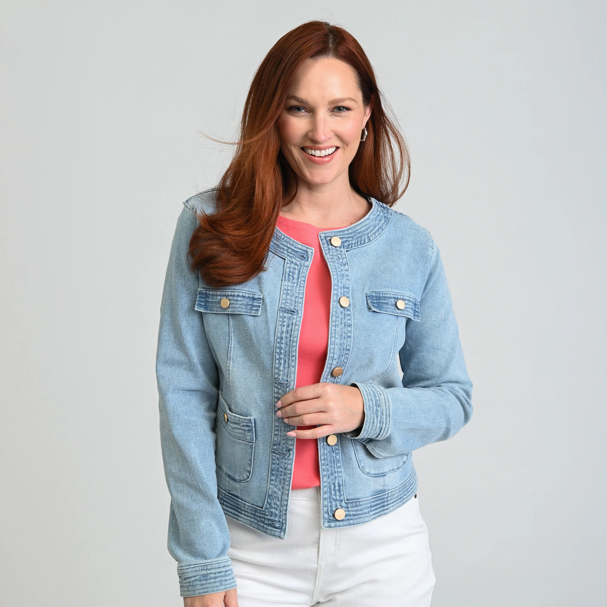 Button Front Collarless Denim Jacket - Image 3