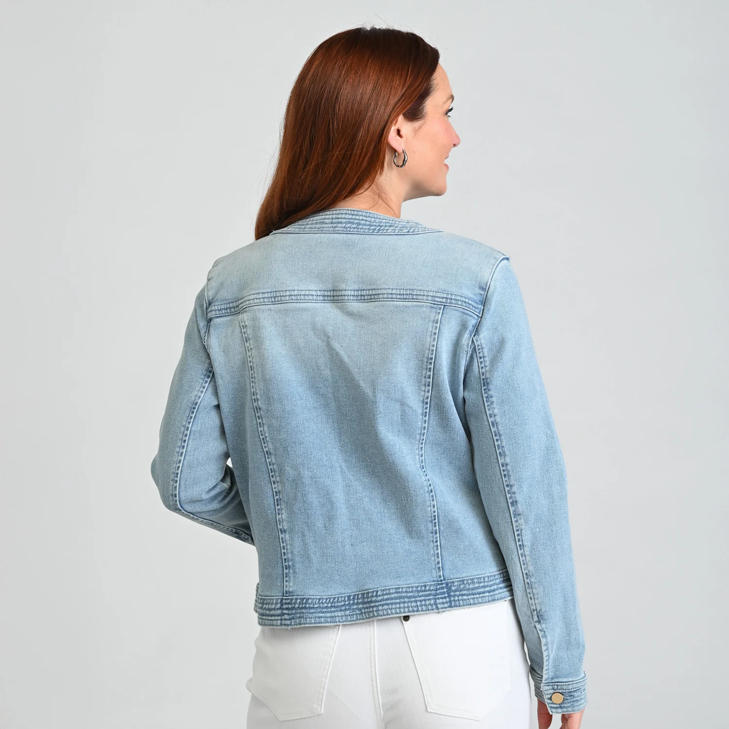 Button Front Collarless Denim Jacket - Image 5