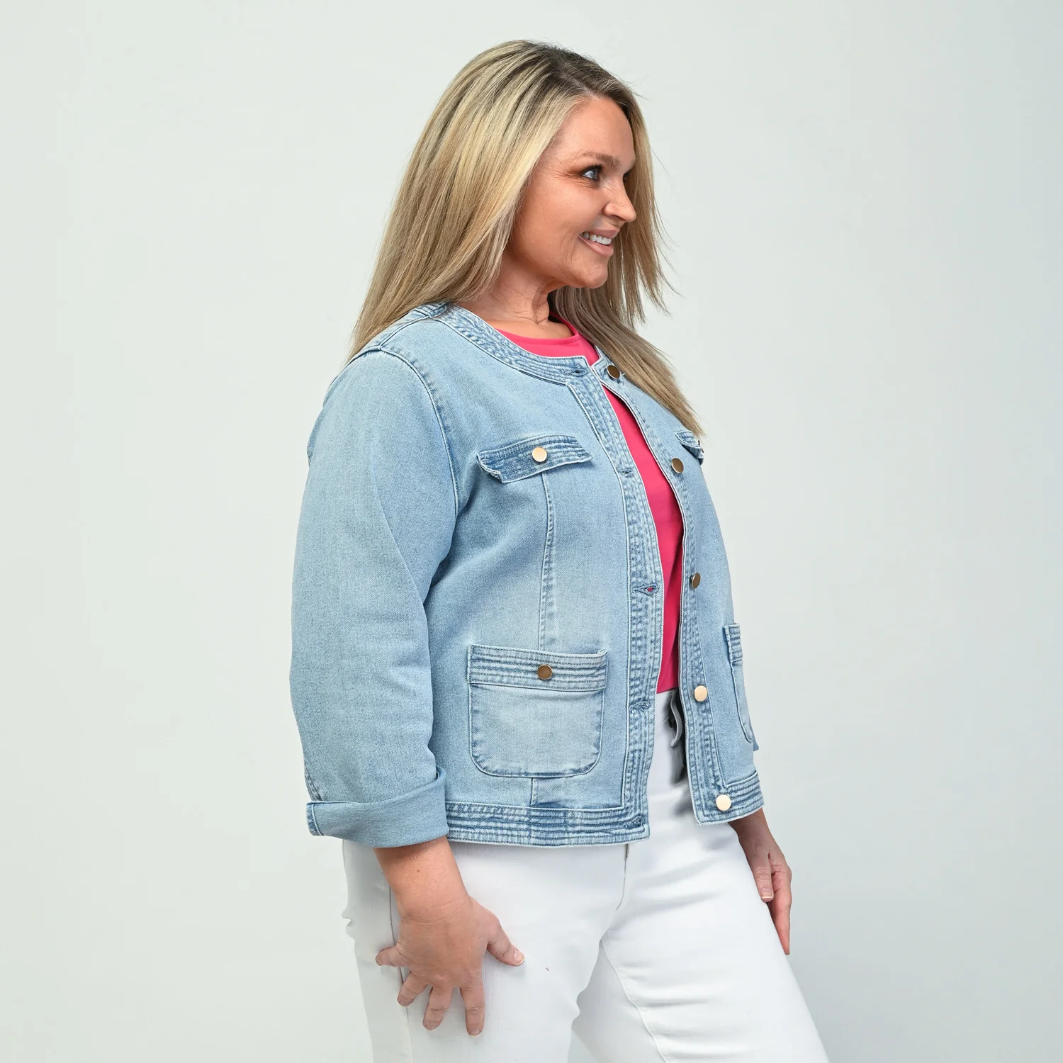 Button Front Collarless Denim Jacket - Image 9