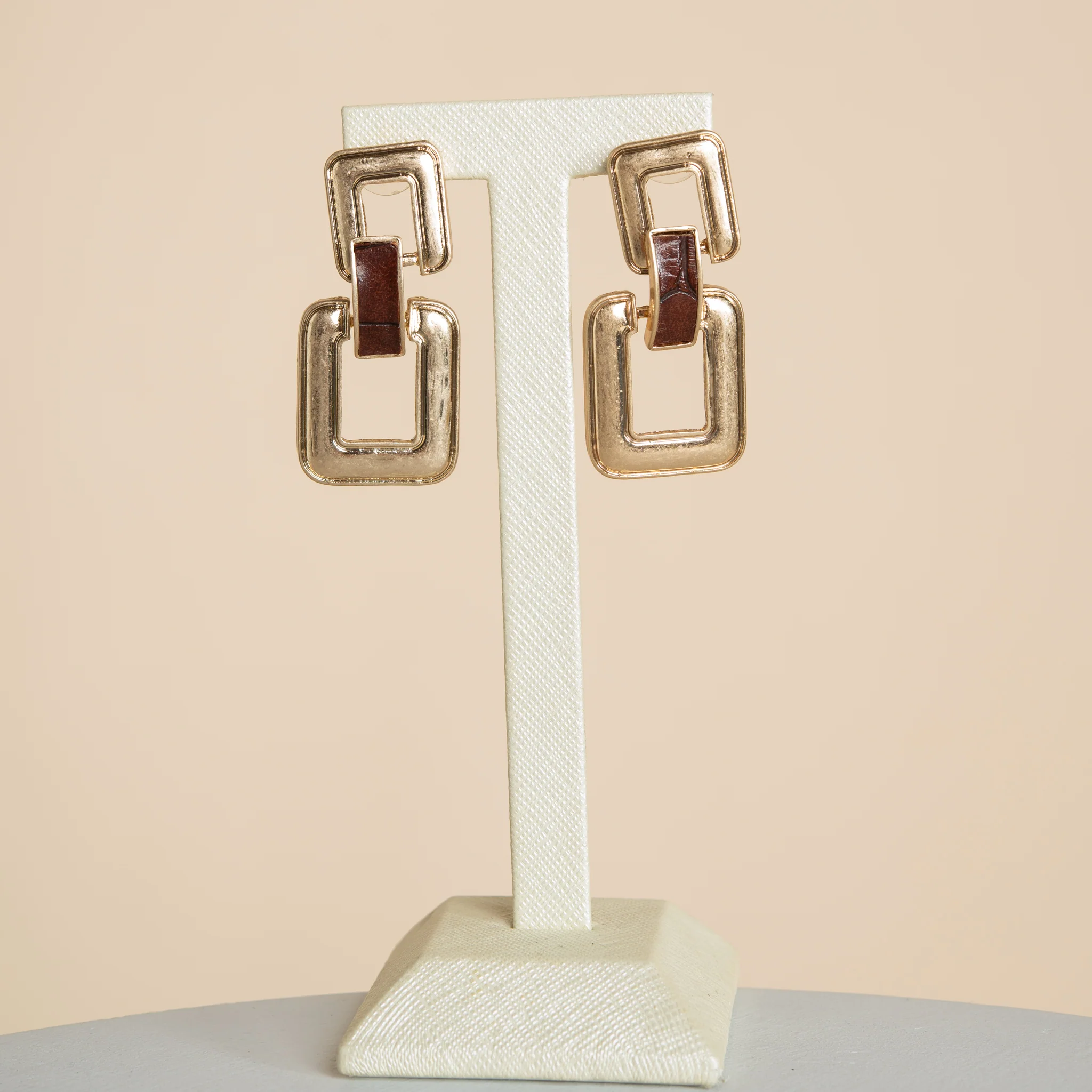 Double Square Metal Faux Leather Drop Stud Earrings