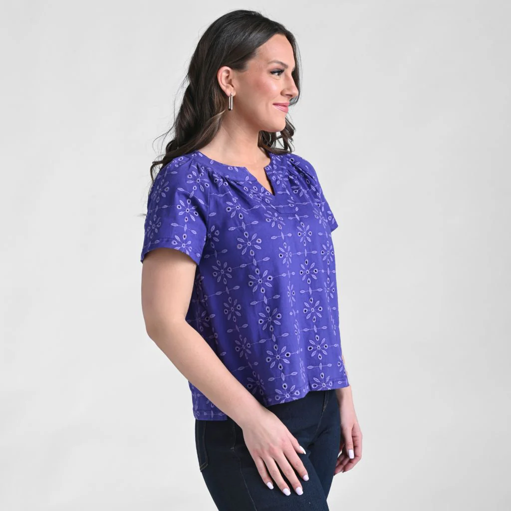 Embroidered Eyelet Notch Neck Top - Image 5