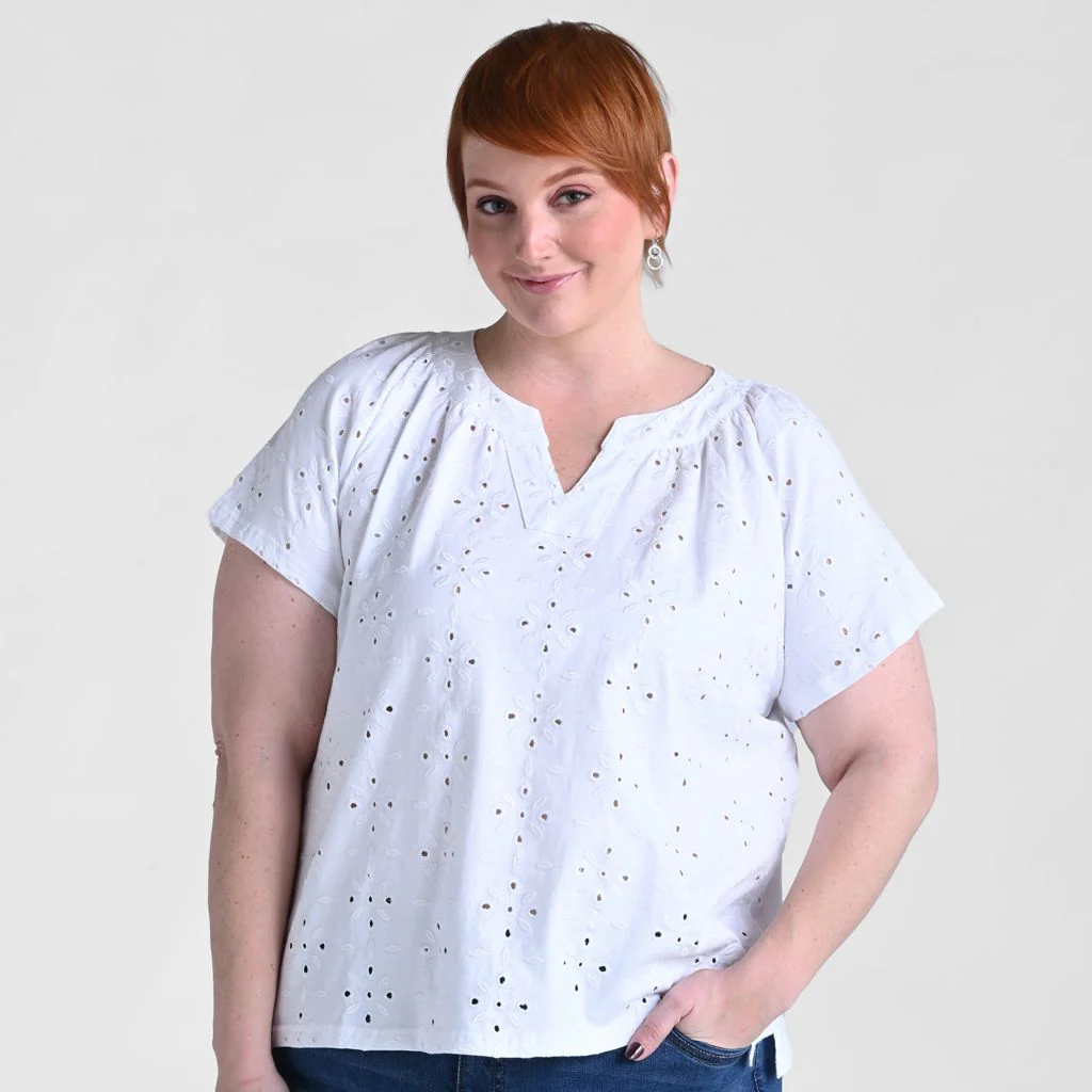 Embroidered Eyelet Notch Neck Top - Image 7