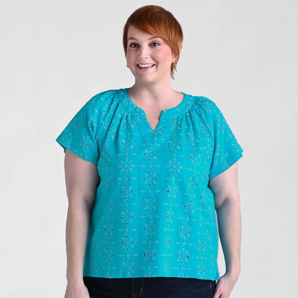 Embroidered Eyelet Notch Neck Top - Image 9