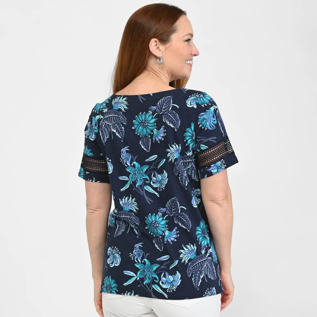 Floral Print Lace Inset Short Sleeve Tee - Image 3