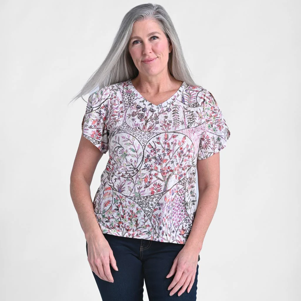 Paisley Printed V Neck Tulip Sleeve Top - Image 3