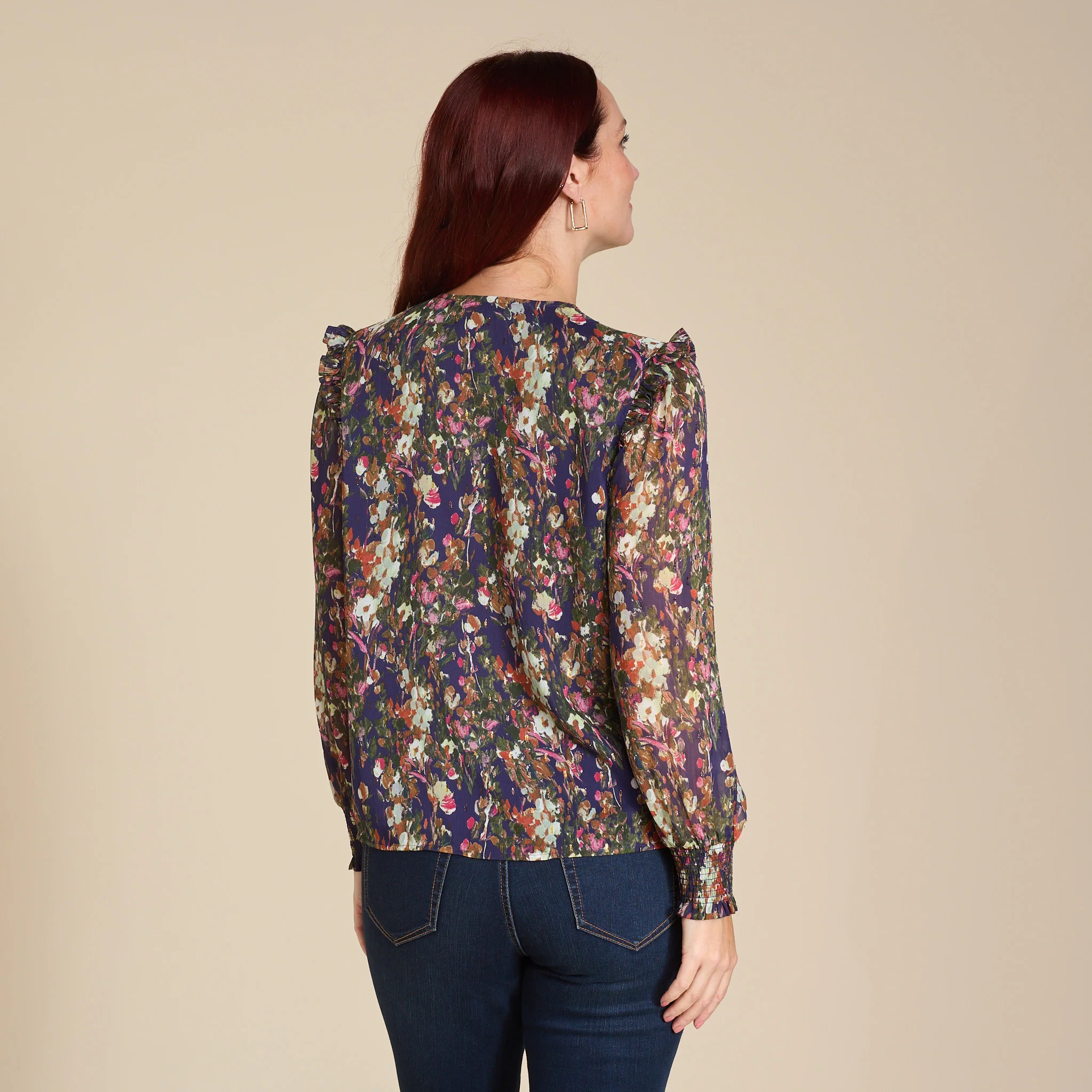 Abstract Printed Button Detail Feminine Ruffle Blouse - Image 3