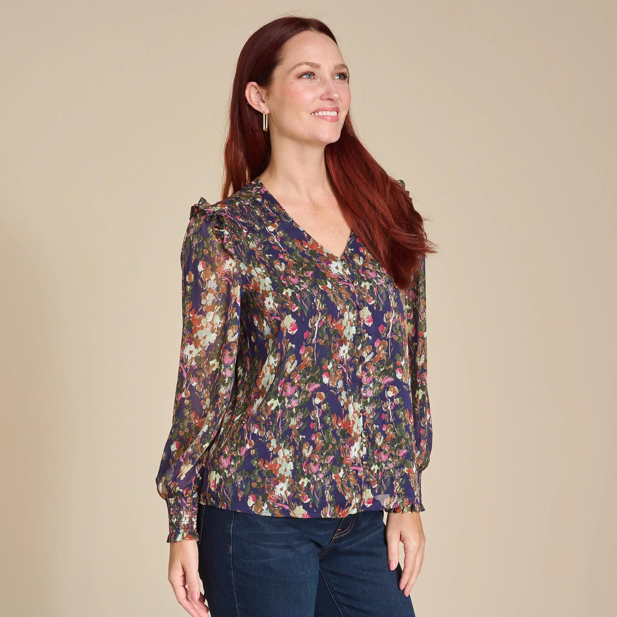 Abstract Printed Button Detail Feminine Ruffle Blouse - Image 4