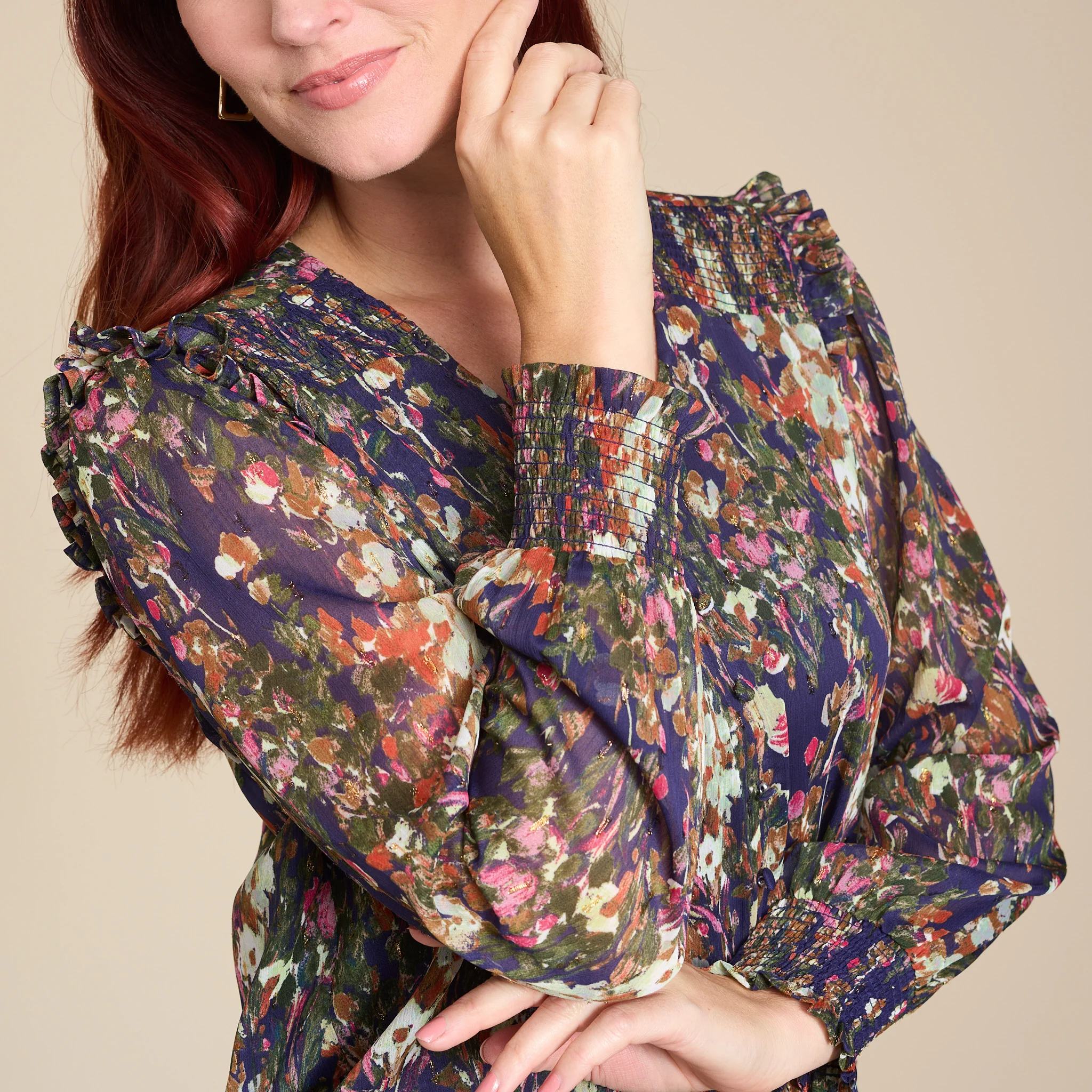 Abstract Printed Button Detail Feminine Ruffle Blouse - Image 5