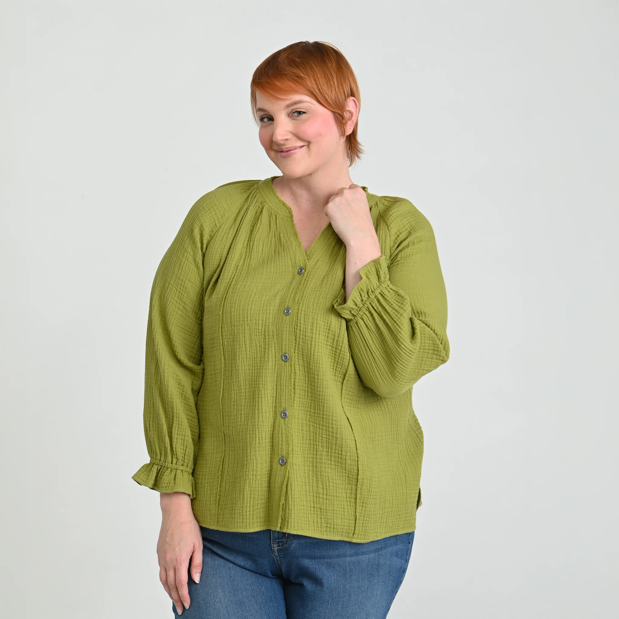 Raw Edge Y Neck Button Front Shirt - Image 11