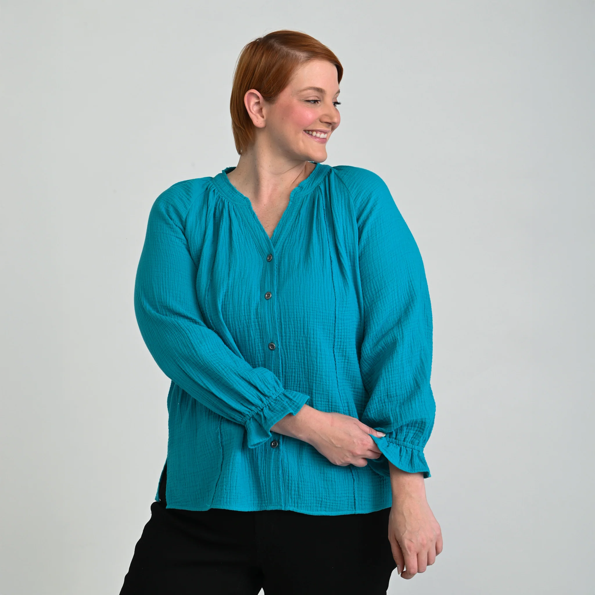 Raw Edge Y Neck Button Front Shirt - Image 12