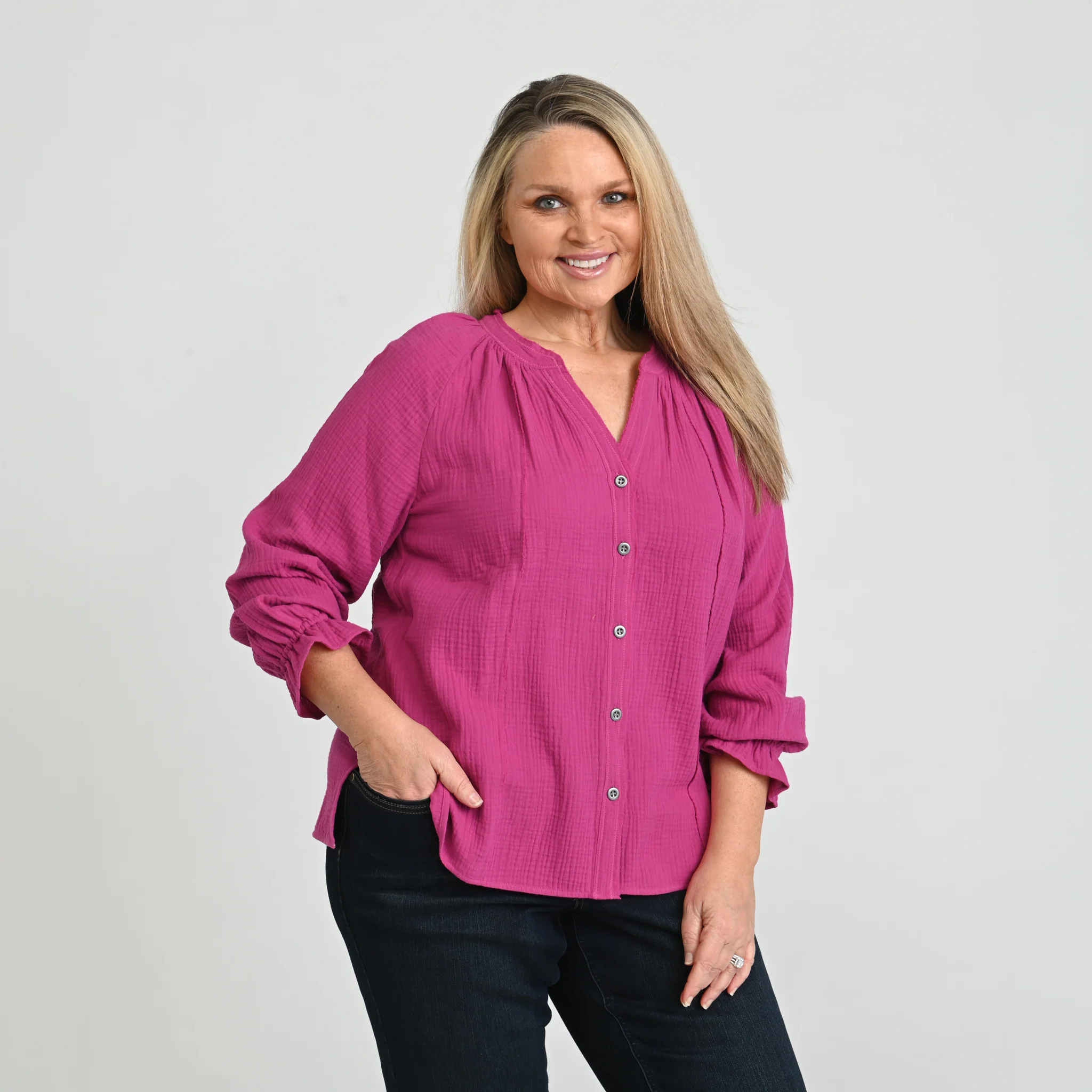 Raw Edge Y Neck Button Front Shirt - Image 13