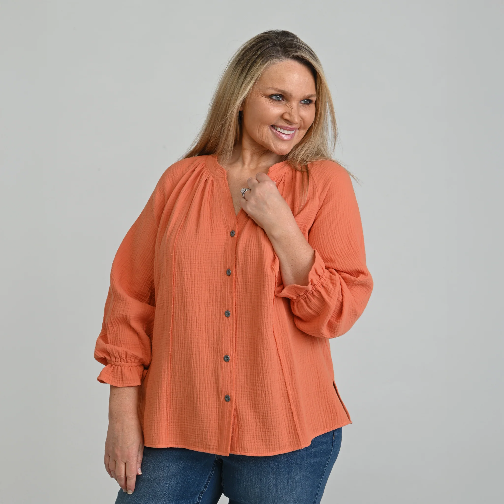 Raw Edge Y Neck Button Front Shirt - Image 14