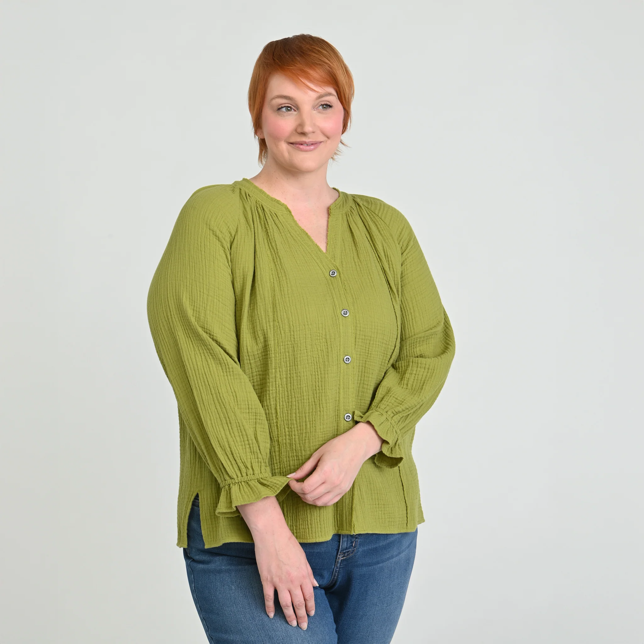 Raw Edge Y Neck Button Front Shirt - Image 18