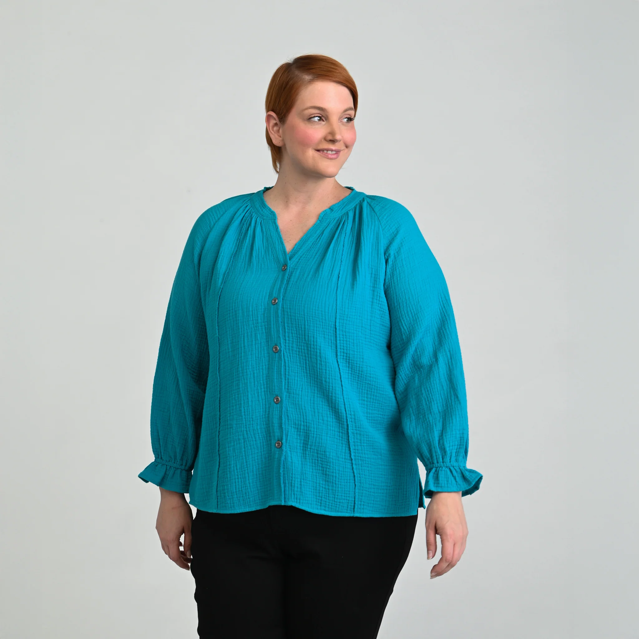 Raw Edge Y Neck Button Front Shirt - Image 19