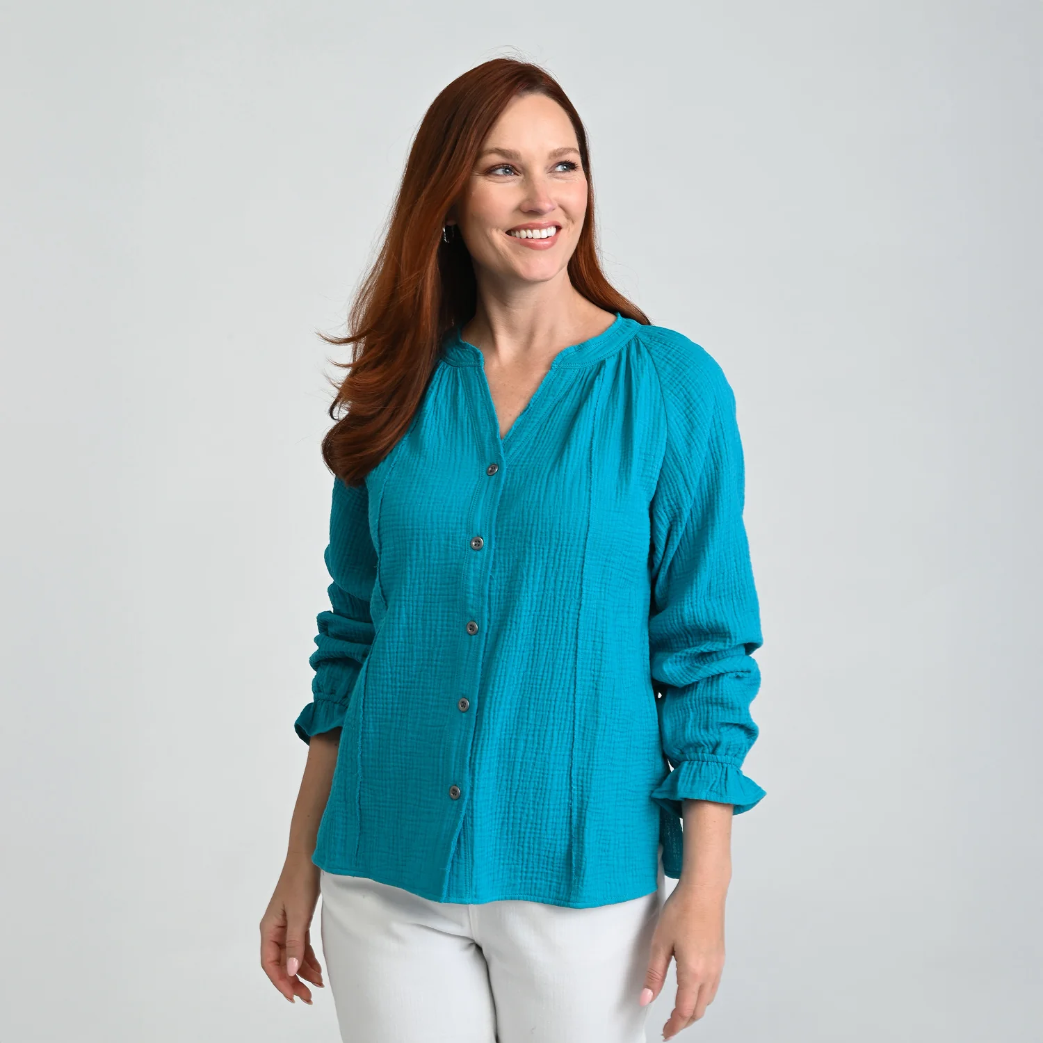 Raw Edge Y Neck Button Front Shirt - Image 8
