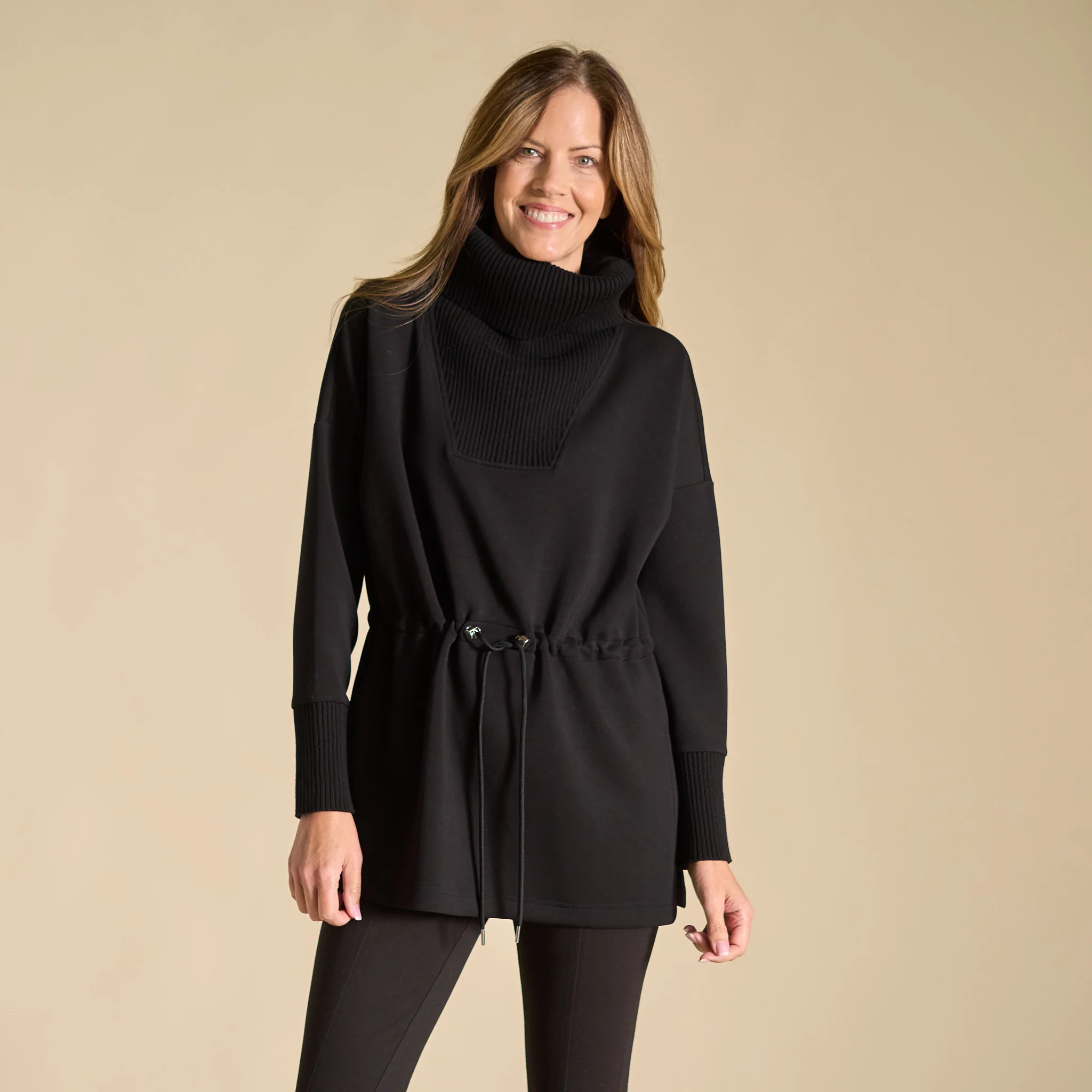 Relaxed Restyled Mix Media Tie Waist Cowl Neck Top
