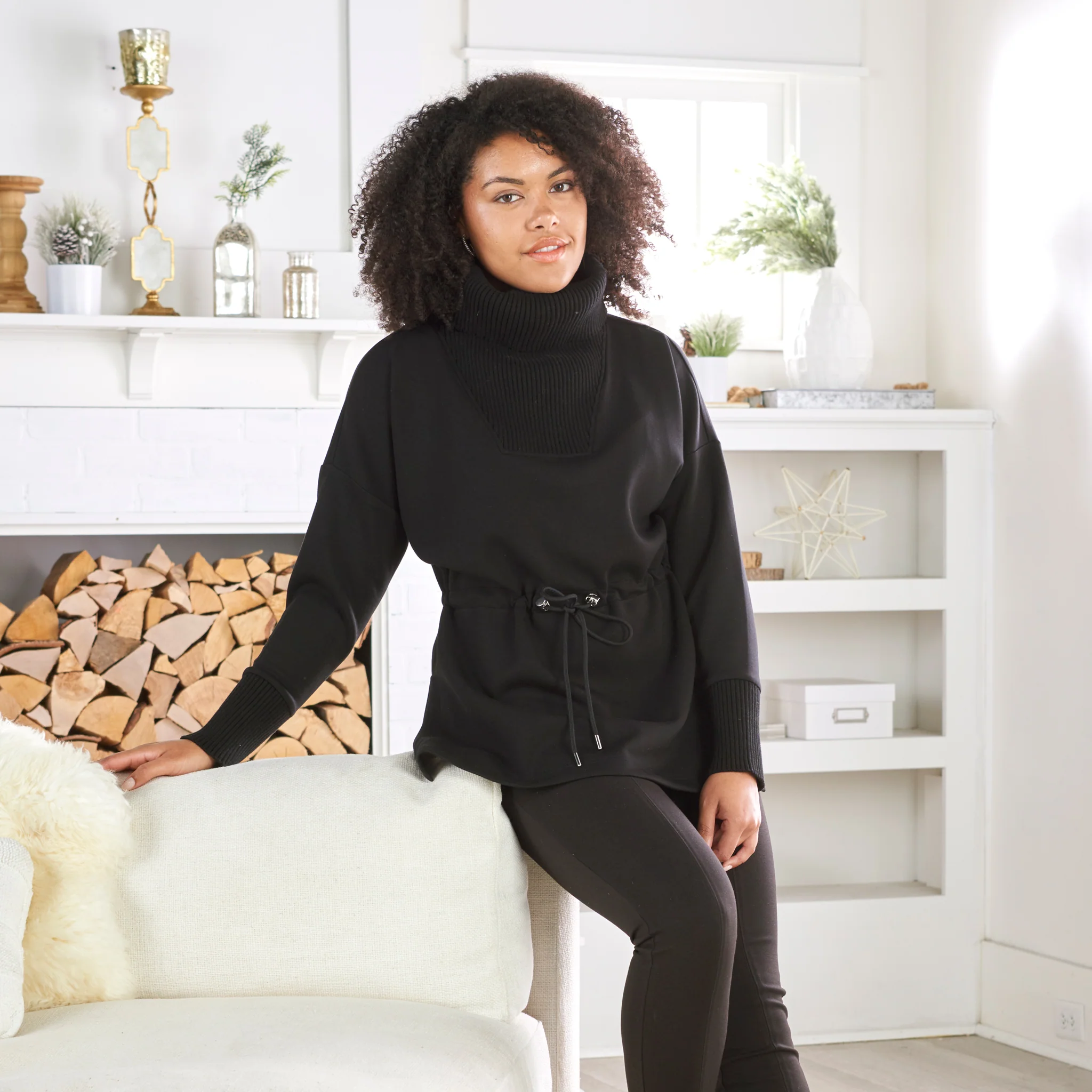 Relaxed Restyled Mix Media Tie Waist Cowl Neck Top - Image 2