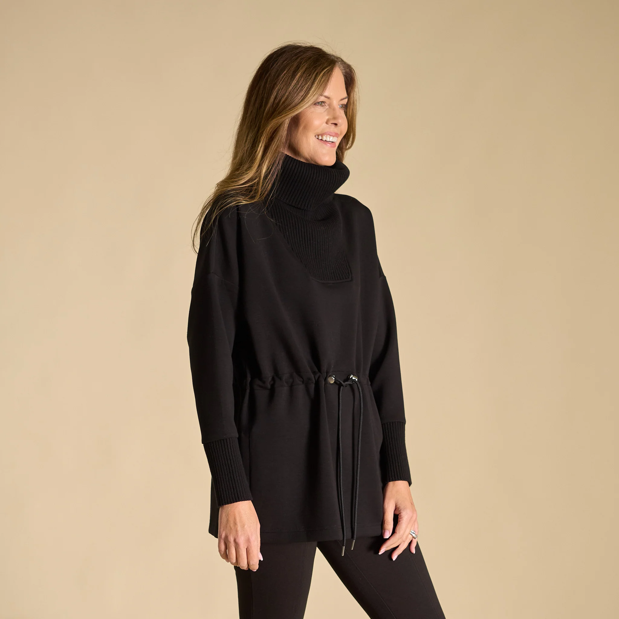 Relaxed Restyled Mix Media Tie Waist Cowl Neck Top - Image 3