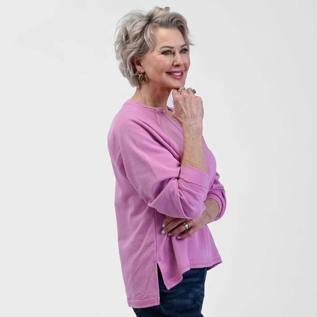 Relaxed Restyled Oversized French Terry Split Neck Top - Image 4