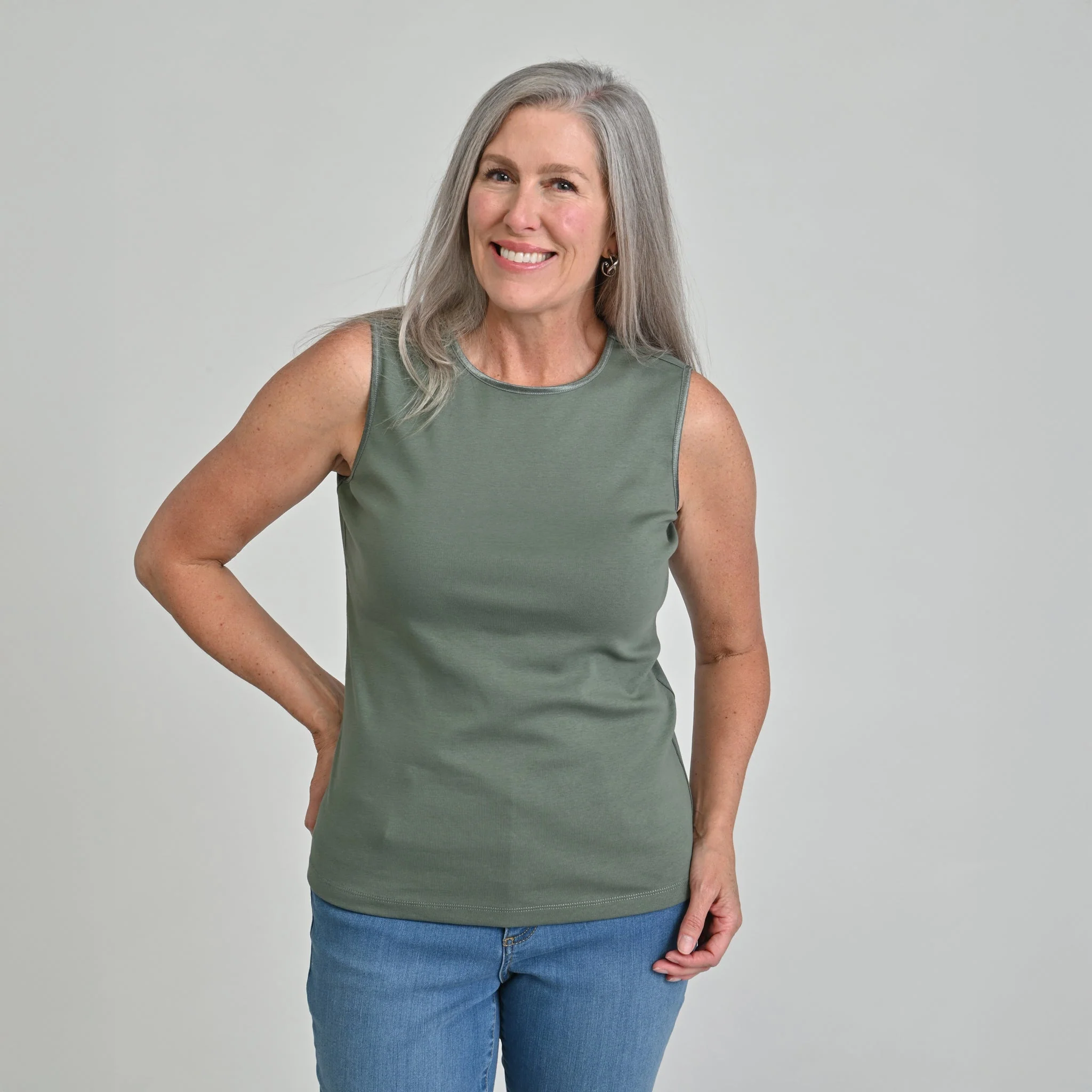 Sleeveless Crew Neck Satin Trim Missy Perfect Tank - Image 6