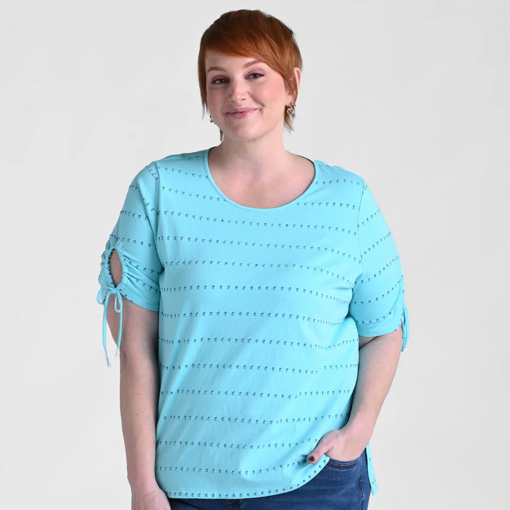 Textured Dot Striped Tie Sleeve Top - Image 10