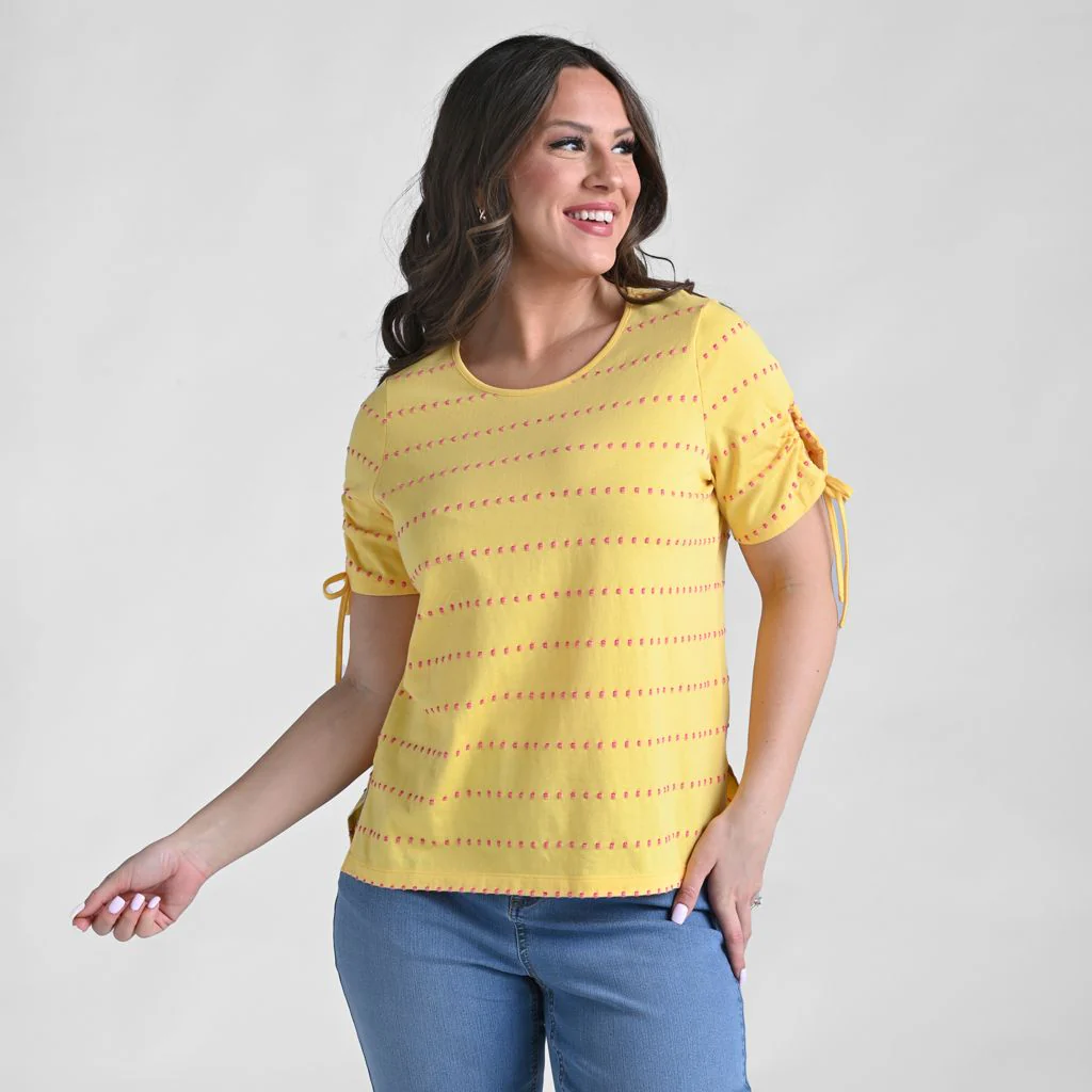 Textured Dot Striped Tie Sleeve Top - Image 4